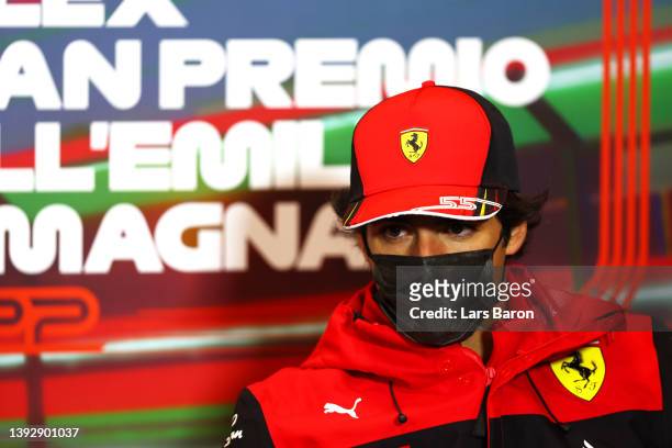Carlos Sainz of Spain and Ferrari talks in the Drivers Press Conference prior to practice ahead of the F1 Grand Prix of Emilia Romagna at Autodromo...