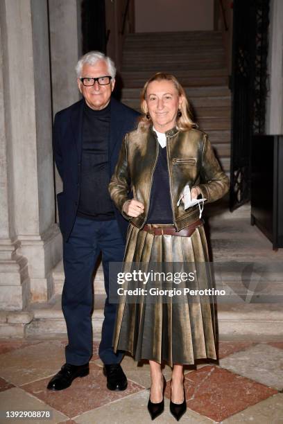 Patrizio Bertelli and Miuccia Prada attend the opening of "Human Brains: It Begins with an Idea" at Fondazione Prada on April 21, 2022 in Venice,...