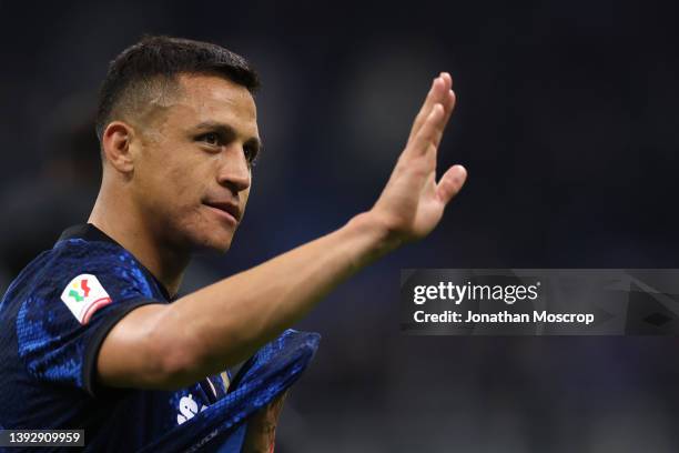 Alexis Sanchez of FC Internazionale reacts following the final whistle of the Coppa Italia Semi Final 2nd Leg match between FC Internazionale v AC...