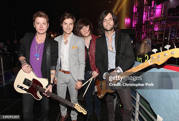 Musicians Nash Overstreet, Ryan Follese, Jamie Follese and Ian Keaggy of Hot Chelle Rae attend the 2012 Cartoon Network Hall of Game Awards at Barker...