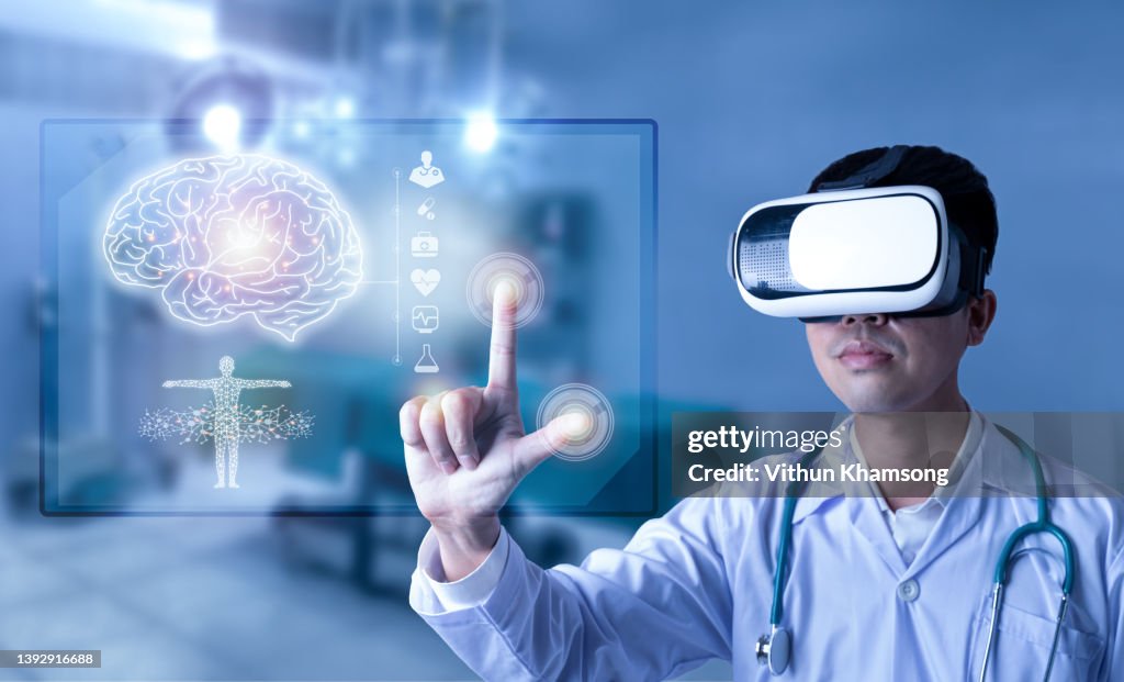 Doctor analyzing patient brain testing result and human anatomy on technological digital futuristic virtual interface, innovative in science and medicine concept, digital holographic