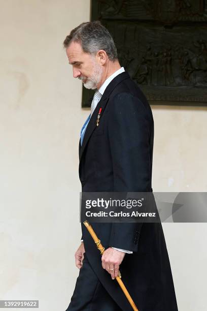 King Felipe VI of Spain attends the Miguel de Cervantes Literature Prize 2021 in Spanish Language at the University of Alcalá de Henares on April 22,...