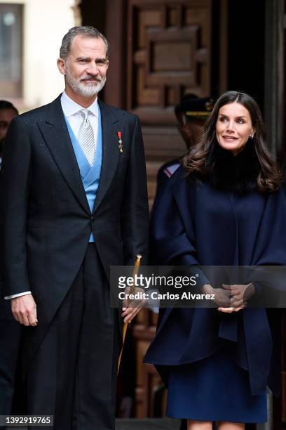 King Felipe VI of Spain and Queen Letizia of Spain attend the Miguel de Cervantes Literature Prize 2021 in Spanish Language at the University of...