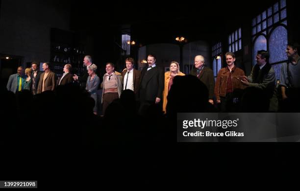 John Hodgkinson, Tracie Bennett, Andy Nyman, Alfie Allen, David Threlfall, Gaby French and the cast during the opening night curtain call for the new...