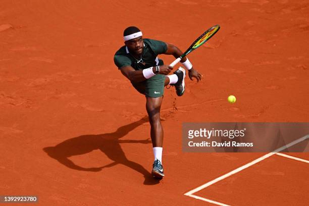 Frances Tiafoe of United States plays a forehand shot in their third round match against Felix Auger-Aliassime of Canada during Day Five of Barcelona...