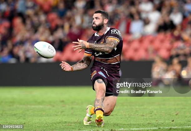 Adam Reynolds of the Broncos passes the ball during the round seven NRL match between the Brisbane Broncos and the Canterbury Bulldogs at Suncorp...
