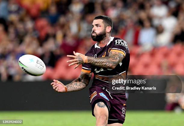 Adam Reynolds of the Broncos passes the ball during the round seven NRL match between the Brisbane Broncos and the Canterbury Bulldogs at Suncorp...