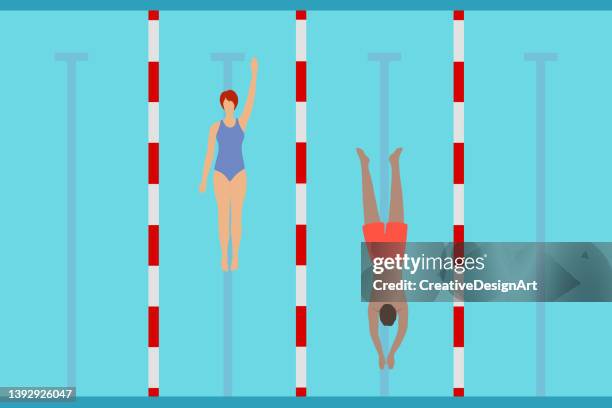 top view of swimming pool with swimmers - swimming 幅插畫檔、美工圖案、卡通及圖標