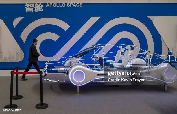 Display showing the engineering of Apollo robotaxis that are part of Baidu's Apollo Go autonomous ride-hailing service is seen during a media tour at...