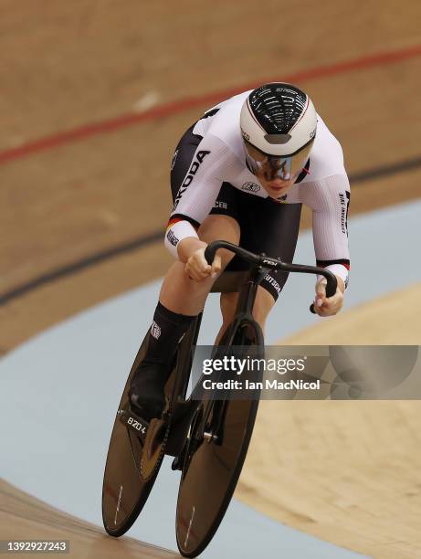 Paulins Sophie Grabosch of Germany competes in the Women's Sprint during day two of the UCI Track Nations Cup at Sir Chris Hoy Velodrome on April 22,...