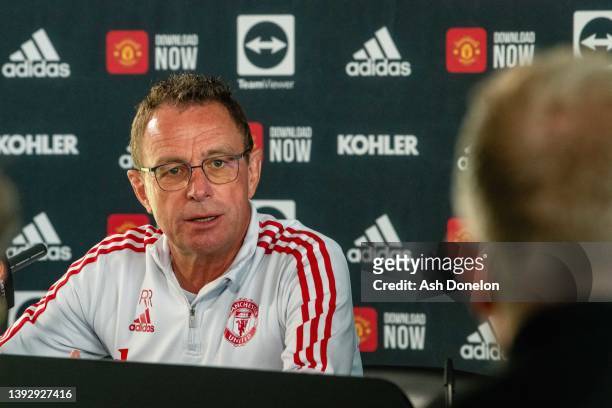 Interim Manager Ralf Rangnick of Manchester United speaks during a press conference at Carrington Training Ground on April 22, 2022 in Manchester,...