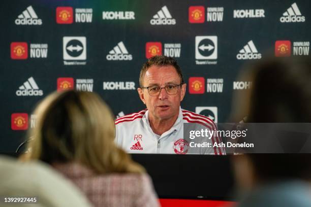 Interim Manager Ralf Rangnick of Manchester United speaks during a press conference at Carrington Training Ground on April 22, 2022 in Manchester,...