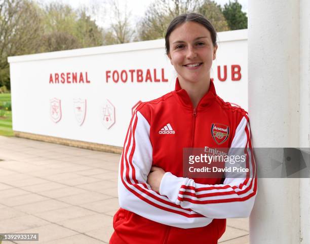 Lotte Wubben-Moy signs a new contract with Arsenal before the Arsenal Women's training session at London Colney on April 22, 2022 in St Albans,...