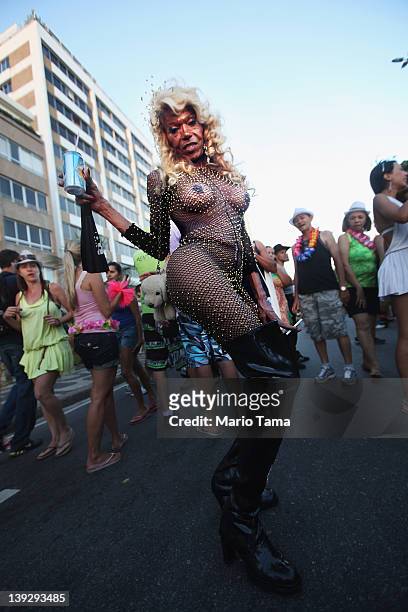 Reveler poses during Carnival celebrations along Ipanema beach on February 18, 2012 in Rio de Janiero, Brazil. Carnival is the grandest holiday in...