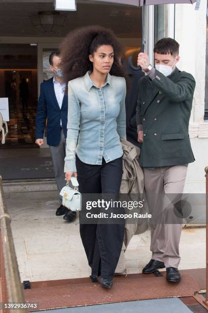 Tina Kunakey is seen in Venice during the 59th International Art Exhibition on April 22, 2022 in Venice, Italy.