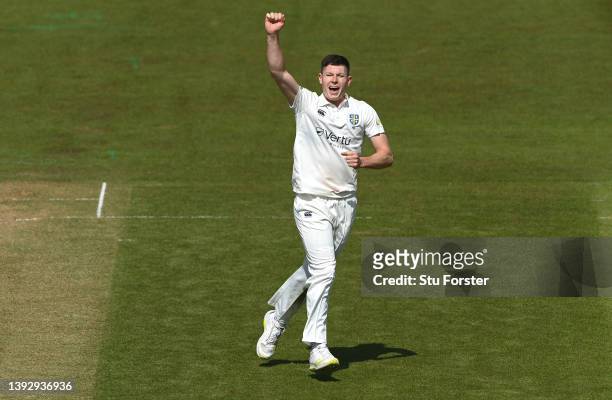 Durham bowler Matthew Potts celebrates after taking the wicket of Joe Clarke during day two of the LV= Insurance County Championship match between...