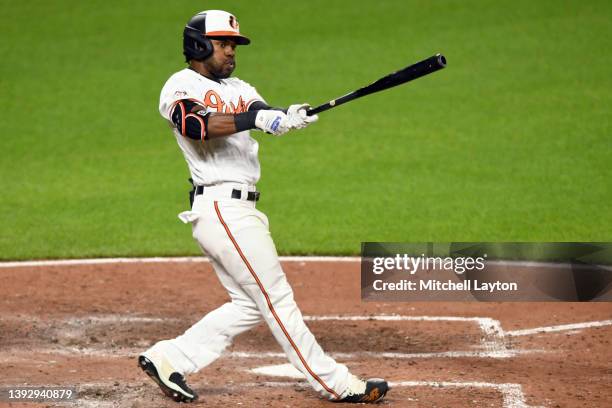 Cedric Mullins of the Baltimore Orioles takes a swing during a baseball game against the New York Yankees at the Oriole Park at Camden Yards on April...