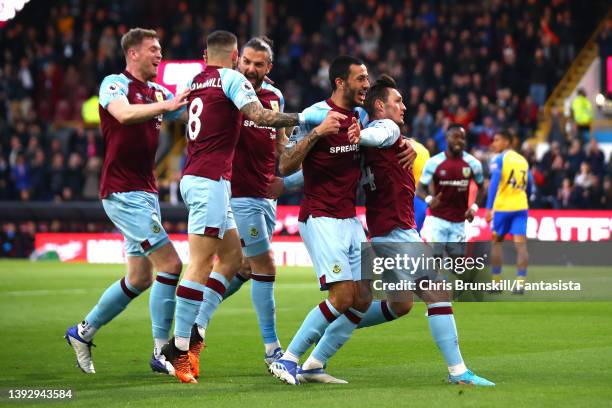 Connor Roberts of Burnley celebrates scoring the opening goal during the Premier League match between Burnley and Southampton at Turf Moor on April...