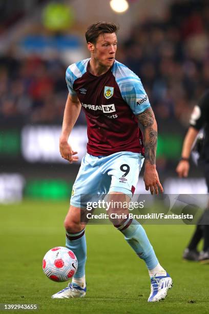 Wout Weghorst of Burnley in action during the Premier League match between Burnley and Southampton at Turf Moor on April 21, 2022 in Burnley, England.