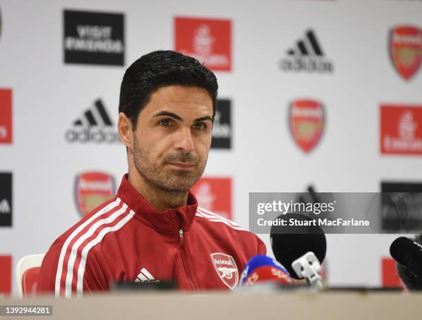 Arsenal manager Mikel Arteta attends a press conference before a training session at Emirates Stadium on April 22, 2022 in London, England.