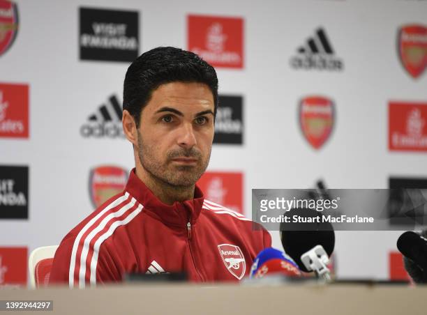 Arsenal manager Mikel Arteta attends a press conference before a training session at Emirates Stadium on April 22, 2022 in London, England.