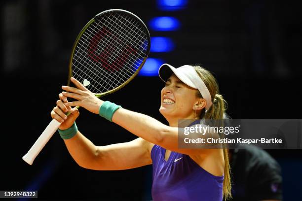 Paula Badosa of Spain celebrates victory in their quarter final match against Ons Jabeur of Tunisia during day five of the Porsche Tennis Grand Prix...