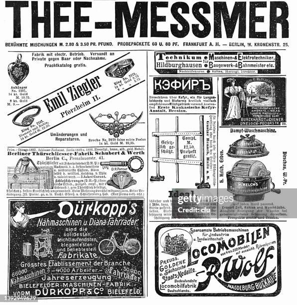 ads in a german magazine 1899 including messmer tea - antique washing machine stock illustrations