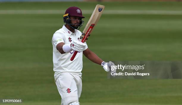 Emilio Gay of Northamptonshire, celebrates his half century during the LV= Insurance County Championship match between Northamptonshire and Yorkshire...