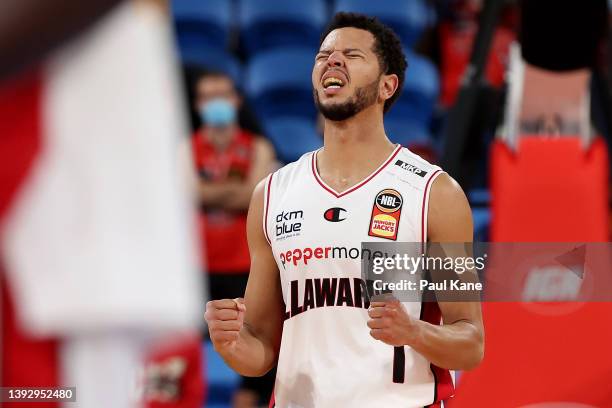 Tyler Harvey of the Hawks celebrates after winning the round 21 NBL match between the Perth Wildcats and Illawarra Hawks at RAC Arena on April 22 in...