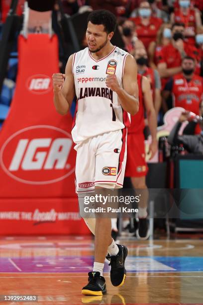 Tyler Harvey of the Hawks celebrates after winning the round 21 NBL match between the Perth Wildcats and Illawarra Hawks at RAC Arena on April 22 in...