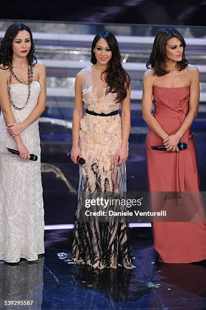 Caterina Misasi, Dajana Roncione and Bianca Guaccero attend the closing night of the 62th Sanremo Song Festival at the Ariston Theatre on February...