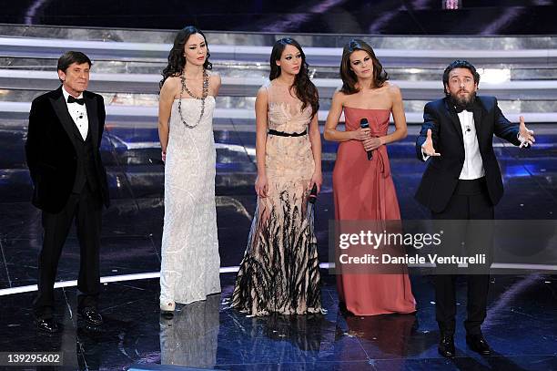 Gianni Morandi, Caterina Misasi, Dajana Roncione, Bianca Guaccero and Alessio Boni attend the closing night of the 62th Sanremo Song Festival at the...