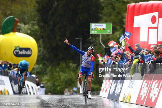 Thibaut Pinot of France and Team Groupama - FDJ celebrates at finish line as stage winner ahead of David De La Cruz Melgarejo of Spain and Team...