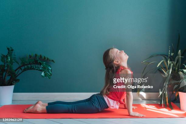 cute little long fair-haired girl doing yoga at home. lying on the floor and trying to tilt head back, cobra pose. copy space - children yoga stock-fotos und bilder