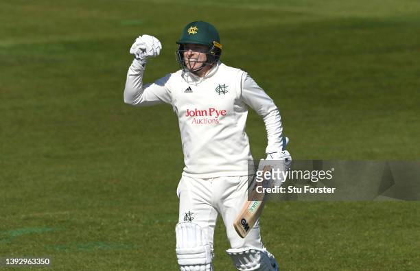 Notts batsman Ben Slater celebrates after reaching his century during day two of the LV= Insurance County Championship match between Durham and...