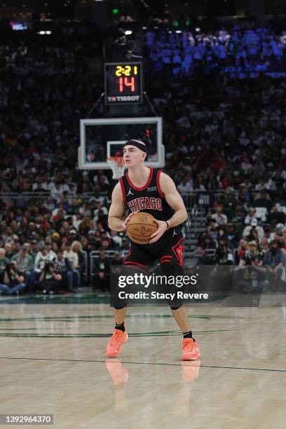 Alex Caruso of the Chicago Bulls handles the ball against the Milwaukee Bucks during Game Two of the Eastern Conference First Round Playoffs at...