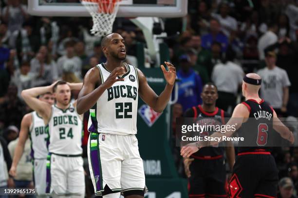 Khris Middleton of the Milwaukee Bucks reacts to an officials call during Game Two of the Eastern Conference First Round Playoffs against the Chicago...