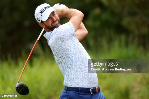 Scott Jamieson of Scotland on the first tee during the second round of the ISPS Handa Championship at Lakes Course, Infinitum on April 22, 2022 in...