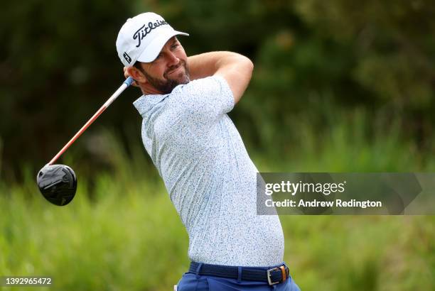 Scott Jamieson of Scotland on the first tee during the second round of the ISPS Handa Championship at Lakes Course, Infinitum on April 22, 2022 in...