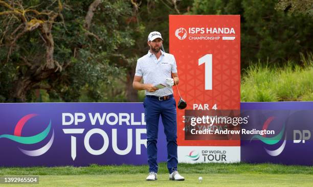 Scott Jamieson of Scotland on the first tee during the second round of the ISPS Handa Championship at Lakes Course, Infinitum on April 22, 2022 in...