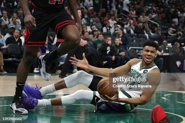 Giannis Antetokounmpo of the Milwaukee Bucks reacts to an officials call during Game Two of the Eastern Conference First Round Playoffs against the...