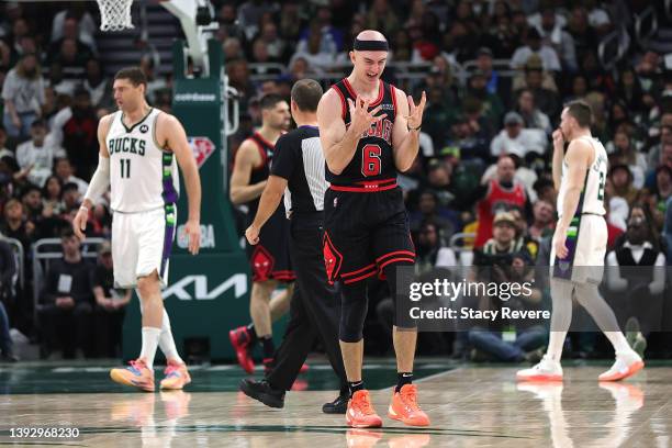 Alex Caruso of the Chicago Bulls reacts to an officials call during Game Two of the Eastern Conference First Round Playoffs against the Milwaukee...