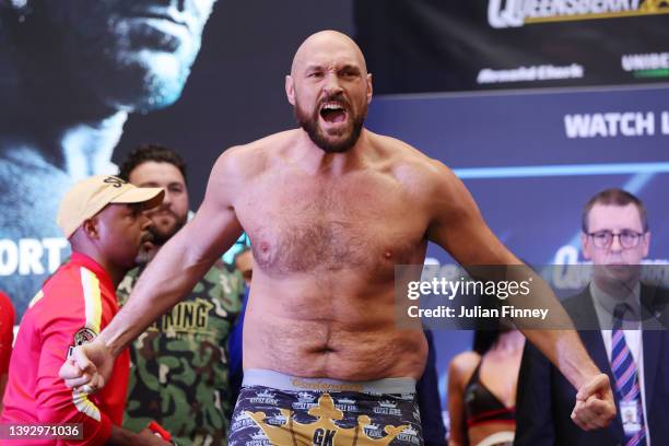 Tyson Fury of Great Britain reacts during the weigh-in ahead of the heavyweight boxing match between Tyson Fury and Dillian Whyte at BOXPARK on April...
