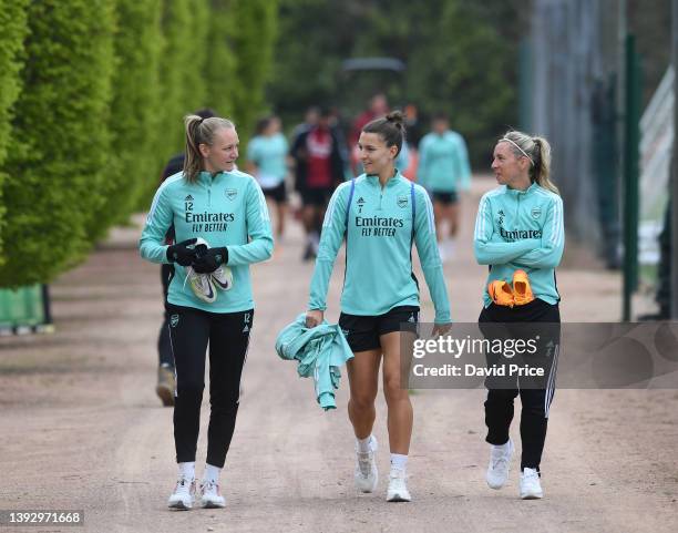 Frida Maanum, Steph Catley and Jordan Nobbs of Arsenal during the Arsenal Women's training session at London Colney on April 22, 2022 in St Albans,...