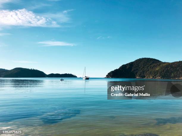 views of the ocean at anchorage beach in abel tasman - tasman district new zealand stock pictures, royalty-free photos & images