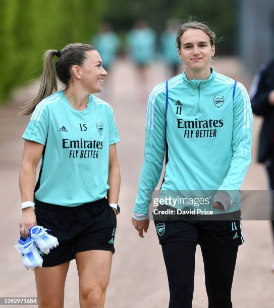 Katie McCabe and Vivianne Miedema of Arsenal during the Arsenal Women's training session at London Colney on April 22, 2022 in St Albans, England.