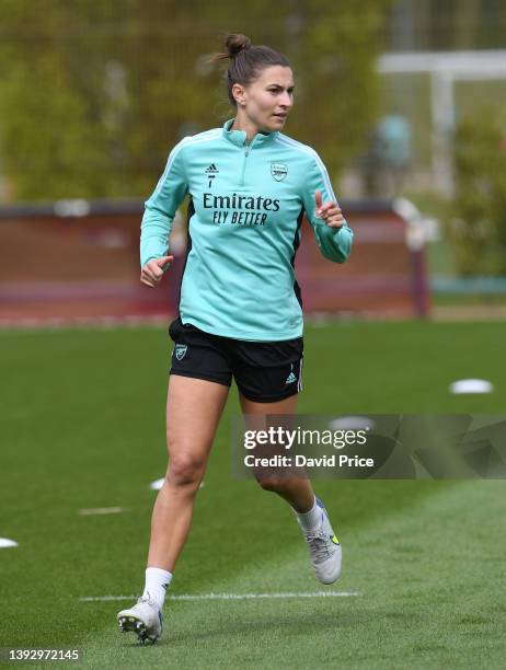 Steph Catley of Arsenal during the Arsenal Women's training session at London Colney on April 22, 2022 in St Albans, England.