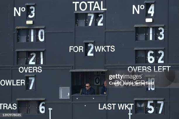 Scorers look on during the LV= Insurance County Championship match between Kent and Hampshire at The Spitfire Ground on April 22, 2022 in Canterbury,...