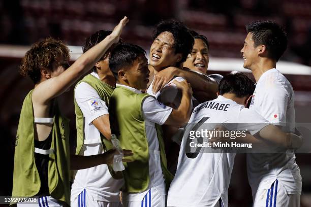 Ryotaro Tsunoda of Yokohama F. Marinos celebrates with his teammates after scoring his team's first goal against Sydney FC during the second half of...