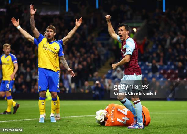 Jack Cork of Burnley celebrates scoring the third goal which is later disallowed for offside after a VAR check during the Premier League match...